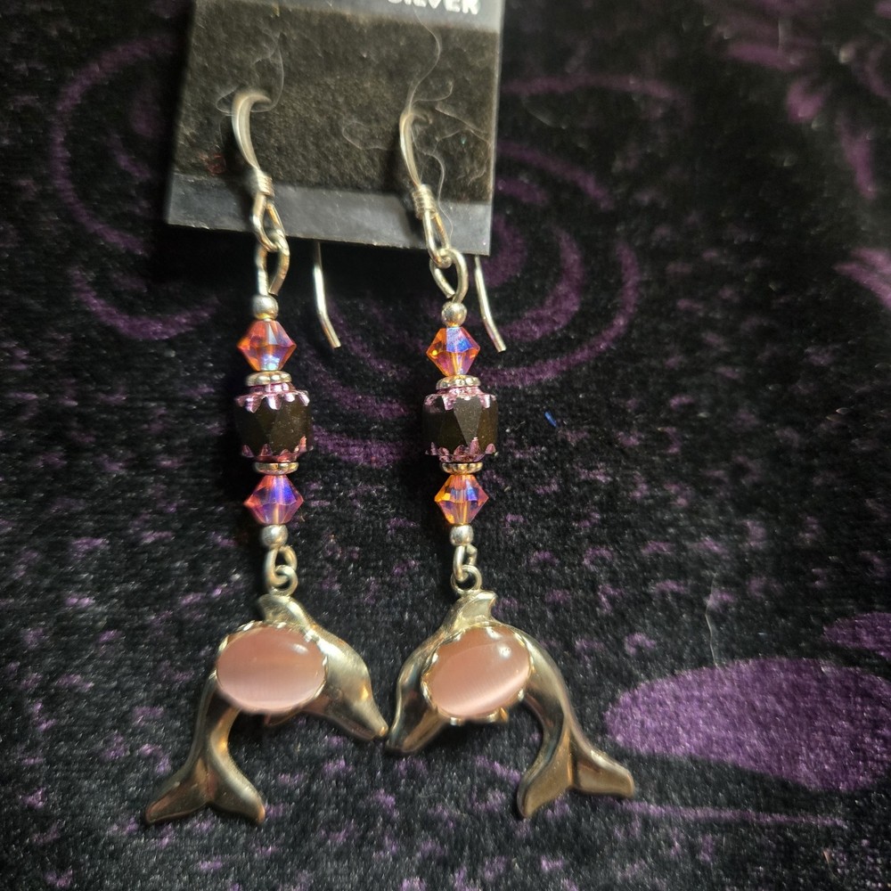 Dolphin With Pink Catseye Stone. Sterling Silver Wires. Handmade Made In Idaho.