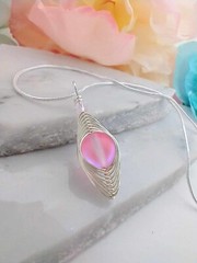 Pink Mermaid Sea Glass Pendant Silver Necklace 18″