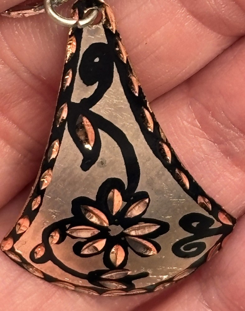 Copper Pendant Embellished Artisan Hand Crafted Floral Silver Tone Chain 16”
