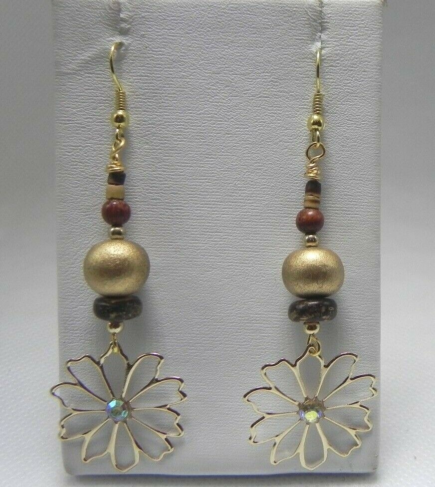 Gold Brown Maroon Wood Beads Flower Bohemian GT. 3″ Drop Hook Earrings