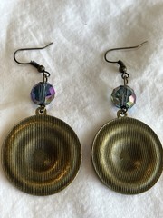 Handmade Antique Brass Earrings, AB Faceted Glass Beads, Brass Charms