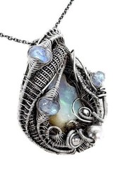 Rough Ethiopian Welo Opal Necklace with Rainbow Moonstone, Sterling Silver Wrap