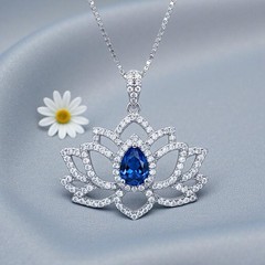 Blue Sapphire Necklace Lotus Flower Style Water lily Pendant 18KGP @ Sterling