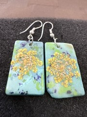 Handmade Yellow Pressed Flower Resin Earrings with Mother of Pearl Backing – 2″