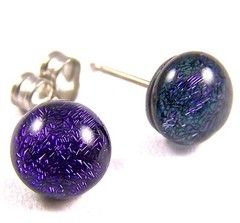 DICHROIC Post EARRINGS Tiny 1/4″ 7mm Violet Purple Metallic Fused GLASS STUDS