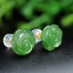 Hand Carved Green Jade Rose Flower Sliver Healing Reiki Dainty Stud Earrings