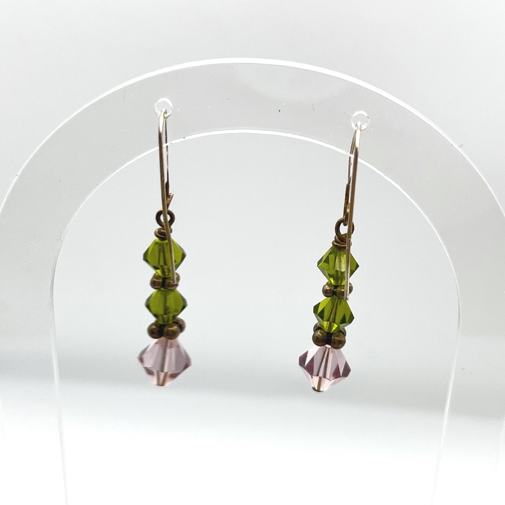 Sterling Silver Olive Green and Pink Bicone Crystal Dangle Earrings 925 Drop