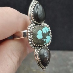 Blackjack Turquoise 3 Stone Ring Sterling Silver 5-9 Southwestern Native Style