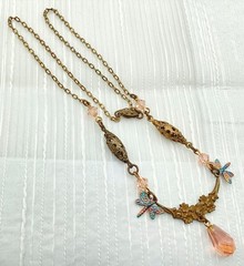 Peach Vtg Briolette Glass Pendant Brass Flower Butterfly Necklace Artisan