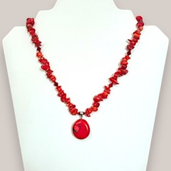 Chunky Red Coral Beaded Necklace Pendant Deep Red Crystal Boho Statement 18 In