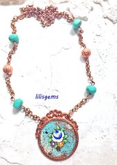 Vintage Enamel Flower Blue Green Copper Collage Necklace Rose Gold Color