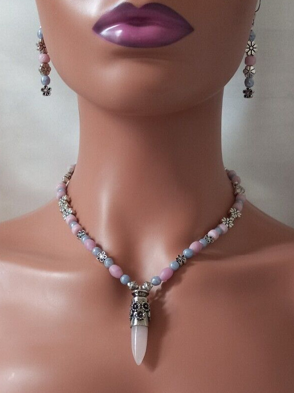 Bullet Southwestern Boho Flowers Pink Purple Silver Flower Necklace Earring Set