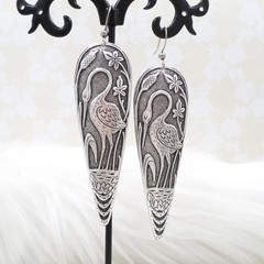 Antique Silver Plated Crane Statement Earrings, Heron Jewelry Gift For Women