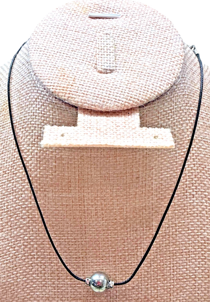 Icing Single Silver Tone Bead on Leather Cord Necklace/Choker 15-18″ Boho