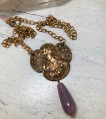 Vintage Art Nouveau Goddess Necklace French Brass Lady Glass Teardrop Opalite