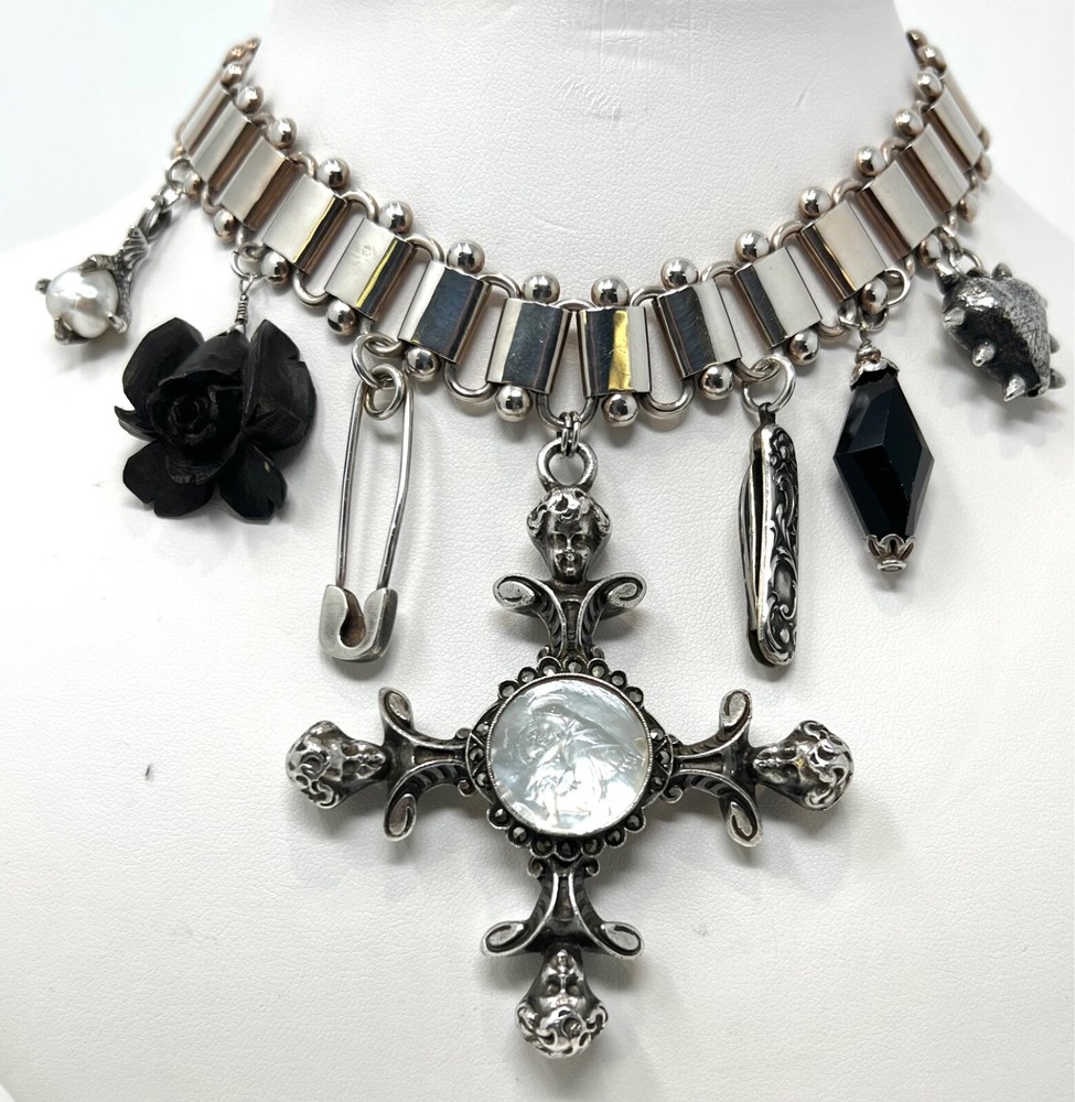OOAK Artisan Antique Sterling Book Chain Collar Cross, Cherub, Rose, Claw Charms
