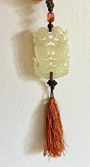 Carved Jade – Doorway or Pendant Good-luck Symbol with Orange Tassel – Vintage