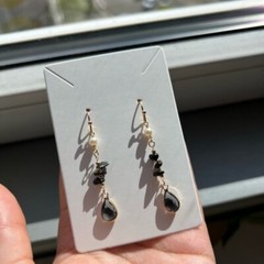 Black Onyx Pearl Earrings, Tourmaline Gray Crystals, Edgy, Minimalist, Casual