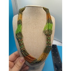 Multi Strand Seed Bead Statement Necklace Green Gold Iridescent Woven Boho 22″