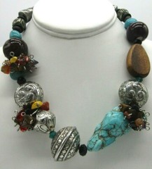 Boho Artisan Gemstone Clusters, Ceramic, Wood & Silver Tone Beaded Necklace 18″
