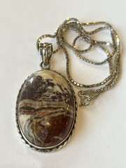 Handmade Banded Agate Sterling Oval Pendant Earthy Tones 16” Box Chain Boho