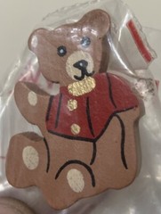 OOAK Wooden Teddy Bear Lapel Pin – Hand-Painted Folk Art Red Gold Pinback