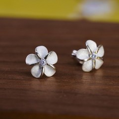Vintage Sterling silver handmade earrings, 925 plumeria flower studs with cz