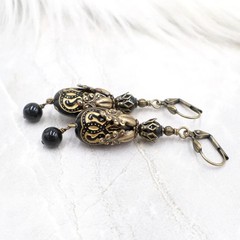 Black Victorian Earrings: Antique Brass Filigree, Acrylic Bead Dangle Jewelry