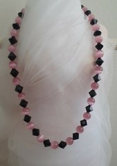Artisan Black Crystal Glass Pink Cat’s Eye Gemstone Beaded Toggle Necklace