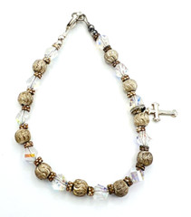 Sterling Silver Christian Cross Charm Bracelet AB Glass Beads 7.5 in