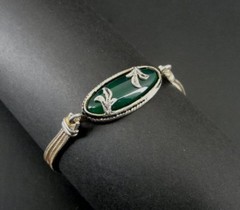 Bracelet Silver Green Stone Floral with Enamel Two Chain Sterling 925 Bracelet