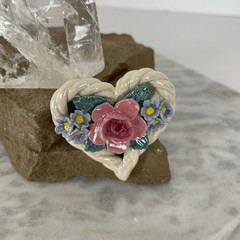 Handmade CERAMIC HEART ROSE Flower Forget Me Nots 3D Pottery Vtg Artisan Brooch