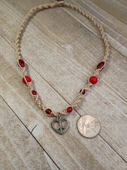 New Hemp Necklace w/ Heart Peace Sign Charm & Red Glass Beads, 18 inch Handmade