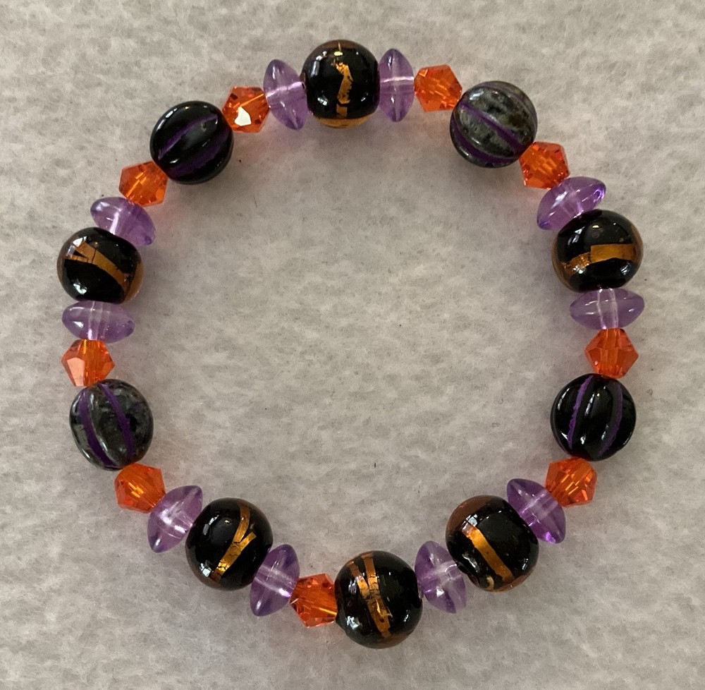 Halloween Colors/Black,Orange&Purple/Foil LampWork & Czech Glass Beaded Bracelet
