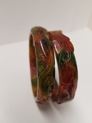 Two Carved Leaf Red Brown Green Jade Bangle Bracelets I.D. 60mm W. 6mm H. 15mm