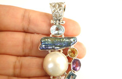 White Mabe Pearl Black Biwa Multi Gemstone 925 Sterling Silver Pendant