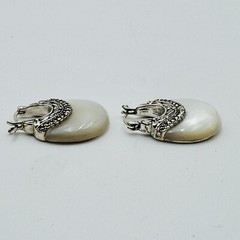 Sterling Silver Mother of Pearl Marcasite Hoop Earrings Signed BBJ
