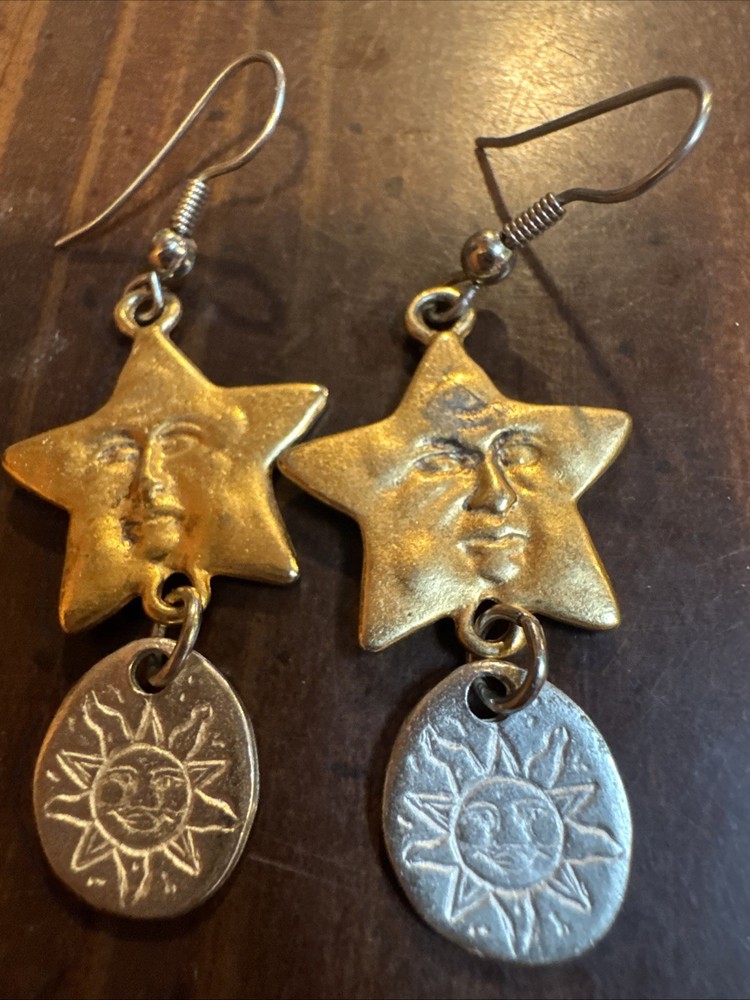 Sun Stars Face Dangle Earrings Pendant Retro Celestial 1” Gold Silver Sunburst