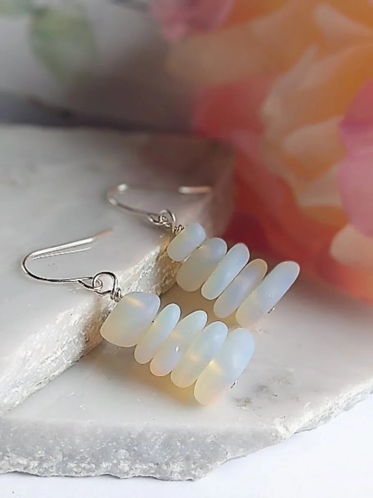 Opal Moonstone Pebble Shaped Frosted Sea Glass Silver Ladies Dangle Earrings