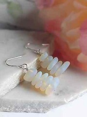 Opal Moonstone Pebble Shaped Frosted Sea Glass Silver Ladies Dangle Earrings