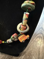 Handmade African Trade Bead Necklace with Toy Bus Accent, 18.25”