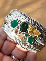JUDITH RIPKA WIDE CUFF BRACELET STERLING &18K GREEN QUARTZ CANARY CZ CHALCEDONY