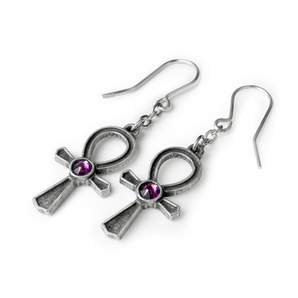 Ankh Of Osiris Pewter and Amethyst Purple Ankh Cross Earrings