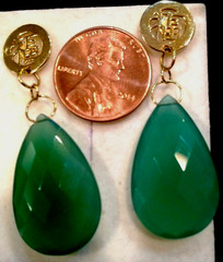 14k Gold Earrings Green Agate Pear Shaped Focal Briolette Gemstone Boho 1.5″ L