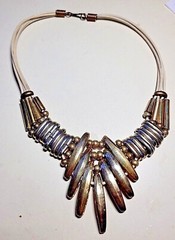 Brass & Silverplate Greek Collar BIB Necklace-White Leather Cord Strands-Greece