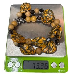 Handmade Orange Jasper Mosaic Black Beaded Necklace Teardrop Pendant Statement