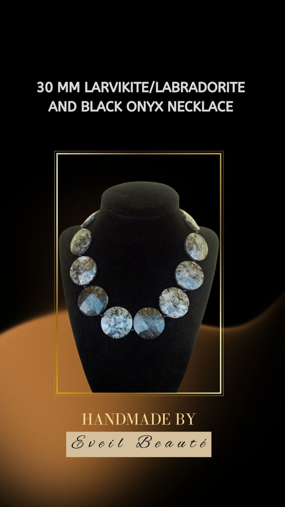 HUGE 30 MM LARVIKITE/LABRADORITE AND BLACK ONYX NECKLACE