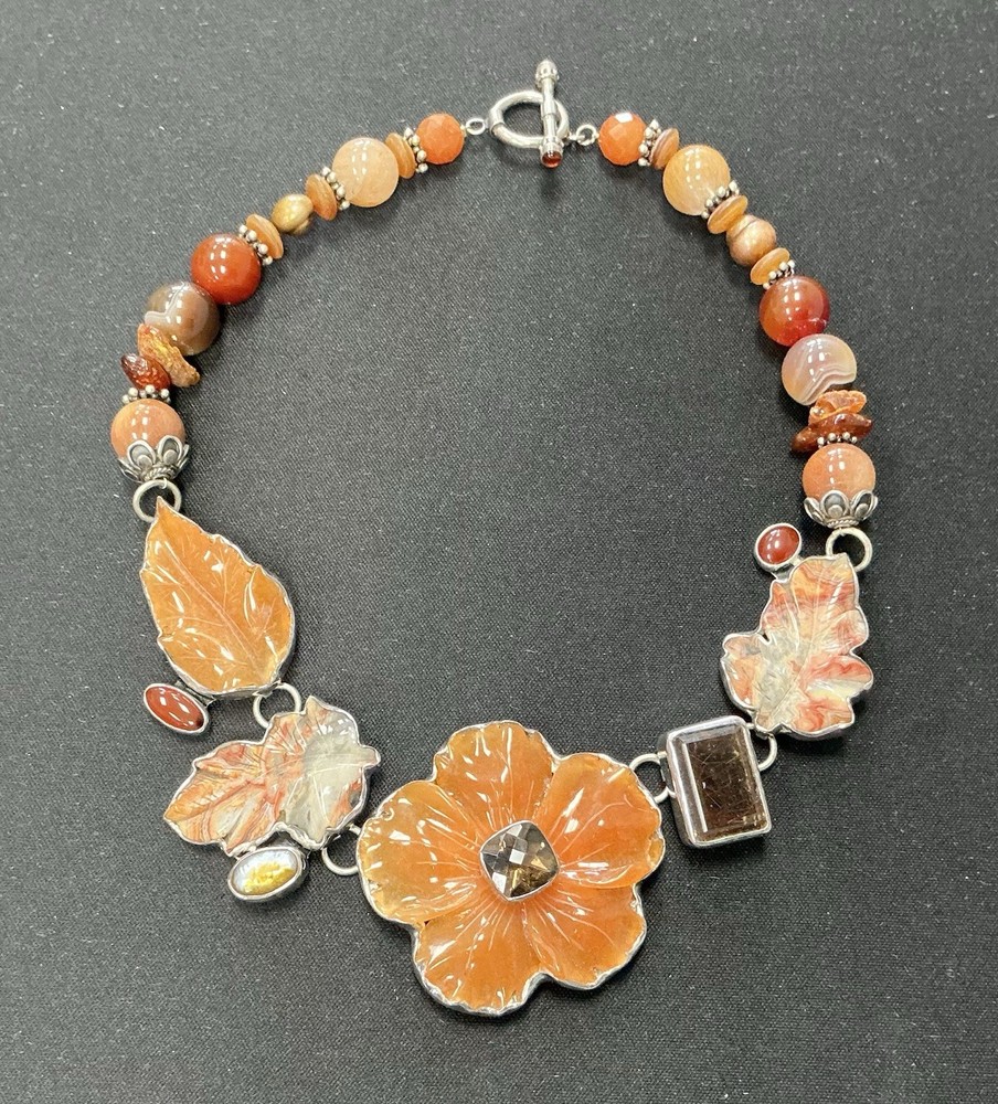 Amy Kahn Russell AKR Carved Orange Flower Gemstone Necklace Sterling Silver 925