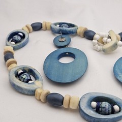 Artisan Blue & Natural Tagua Nut Set Statement Necklace/Earrings Eco-Friendly