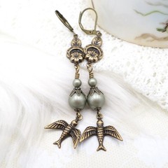 Brass Bird Earrings: Sage Green Pearl Floral Cottagecore Handmade Dangle Jewelry
